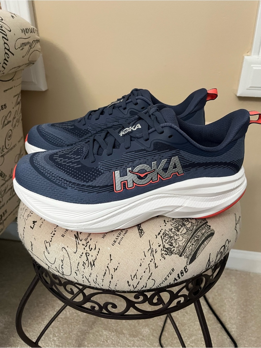 Hoka Navy and White Women's Running Sneakers with Coral Accents